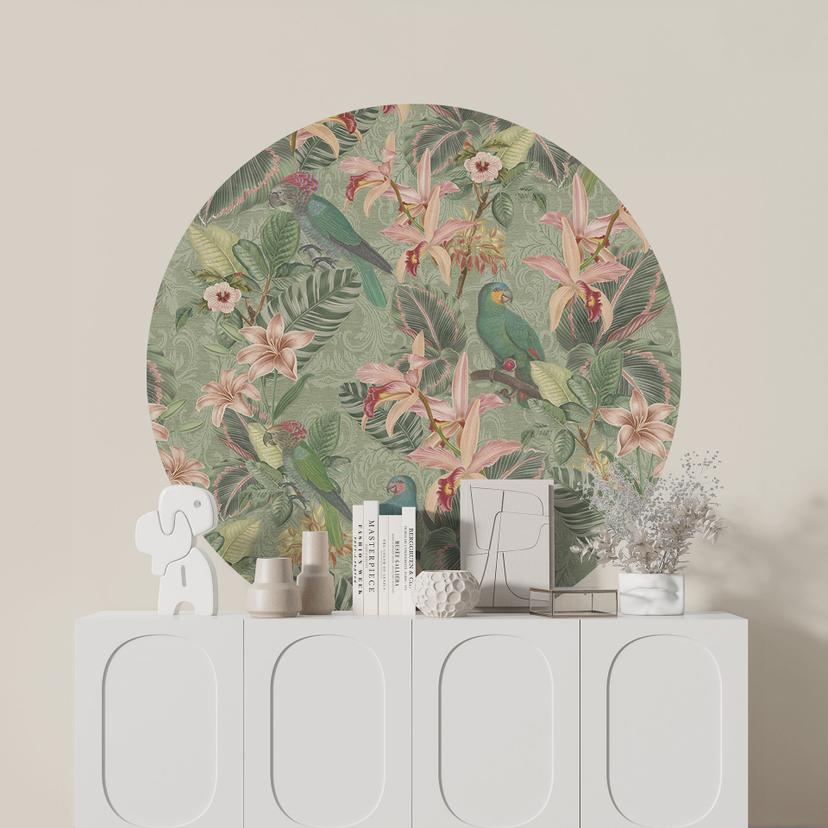 Sticker mural jungle avec perroquets verts - Bloomery Decor - Rond
