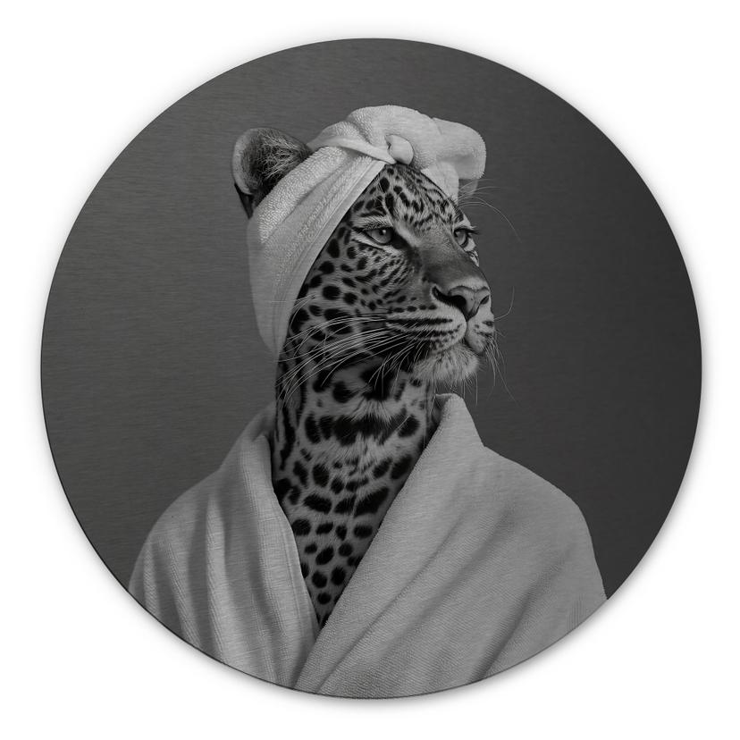 Billede med sølveffekt Royale Spa time-out med leopard - Rahner - rund – print på aluminium