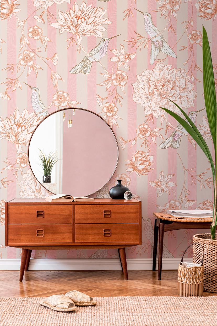 tapet blomster pink beige - non-woven tapet blomster planter Livingwalls - mat og glat