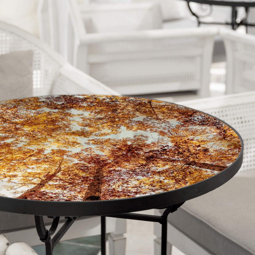 Plateau de table en verre - Feuilles dorées - Rond