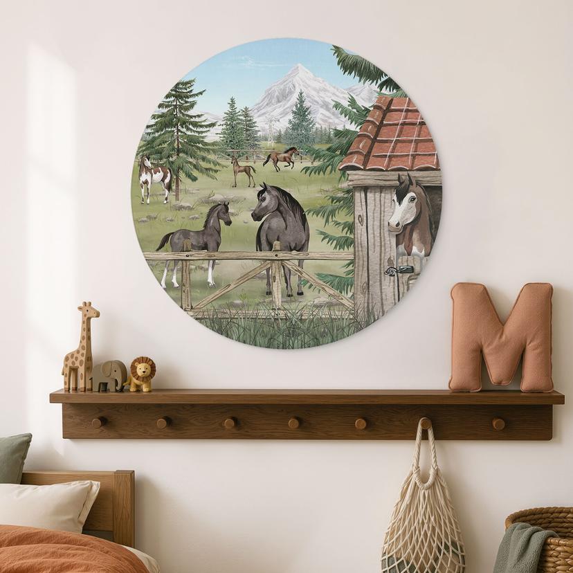 Quadro Recinto per Cavalli nel Parco Naturale - Oliver Robins - Alu-Dibond - Tondo