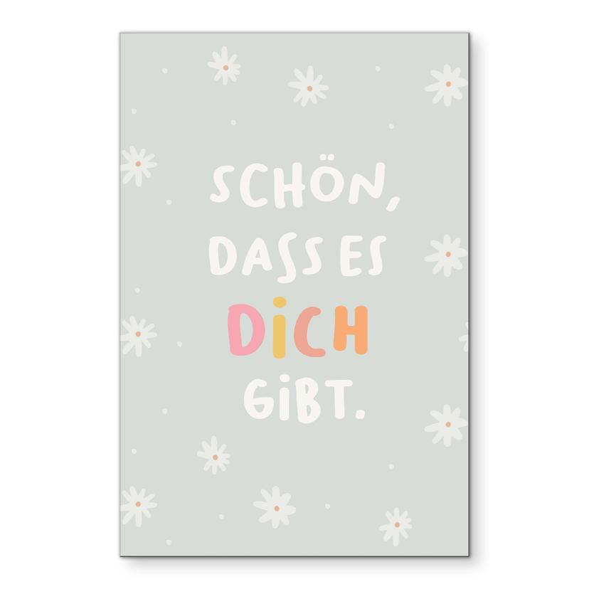 Alu-Dibond Wandbild - Kraftsatz 'Schön, dass es dich gibt' in bunter Typografie für Kinder