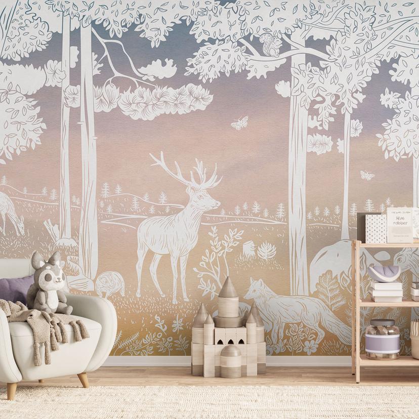 Papier peint forêt paisible avec cerfs et renards - Ombre - Kikki Belle