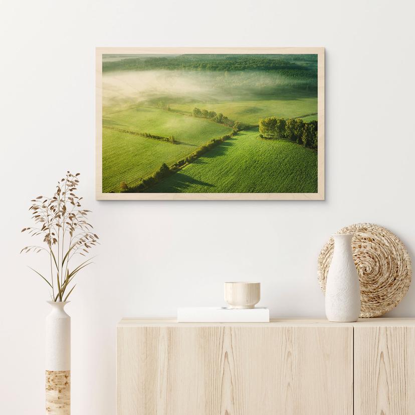 Cuadro de madera Campos idílicos en la niebla - Keller
