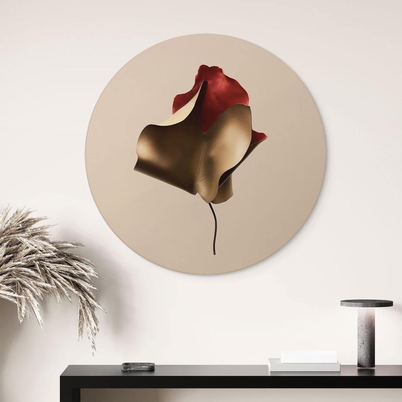 Stampe per pareti Elegante foglia in oro e rosso - Alma - Alu-Dibond Round