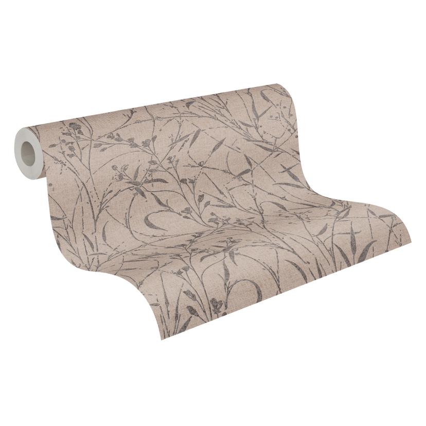 Papel pintado no tejido Fee Wild Free marron beige negro metalizado - hierbas flores silvestres salo