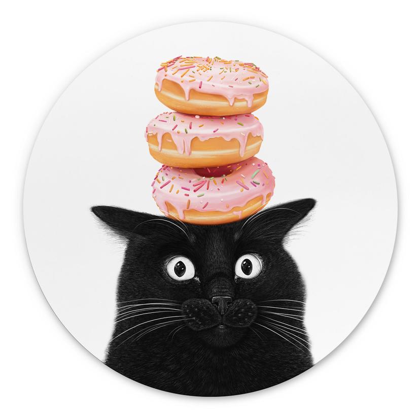 Wandbild Schwarze Katze mit pinken Donuts - Korenkova - Alu-Dibond Rund