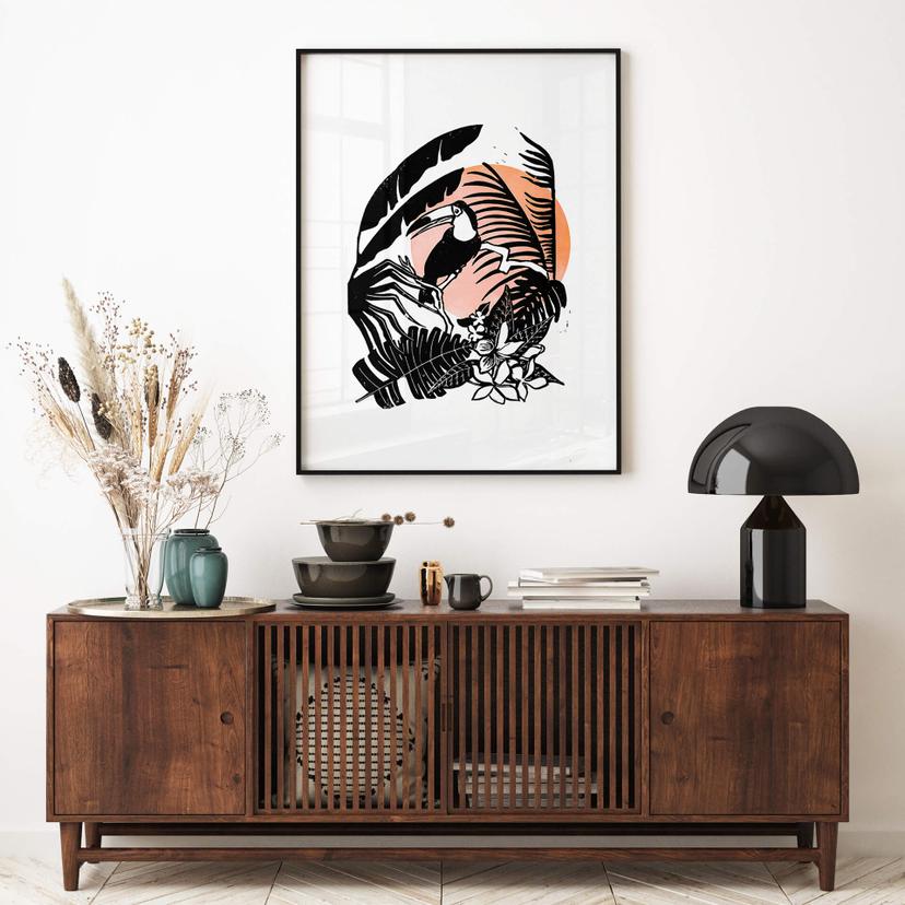 Poster Goed Blauw - Linoleumsnitt Toucan