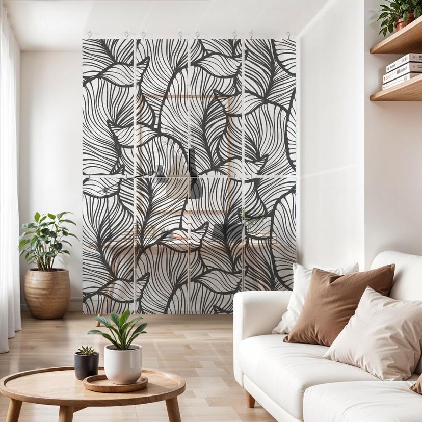 Separador de ambientes, biombo, pantalla de privacidad colgante Floral Line Art - hojas