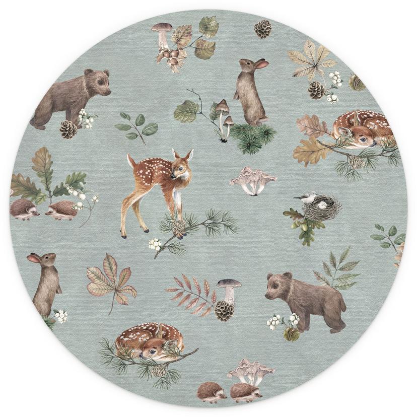 Fototapet med fawn- och skogsvänner - djur för barn - blå - Kikki Belle - Rund - non-woven tapet/sjä