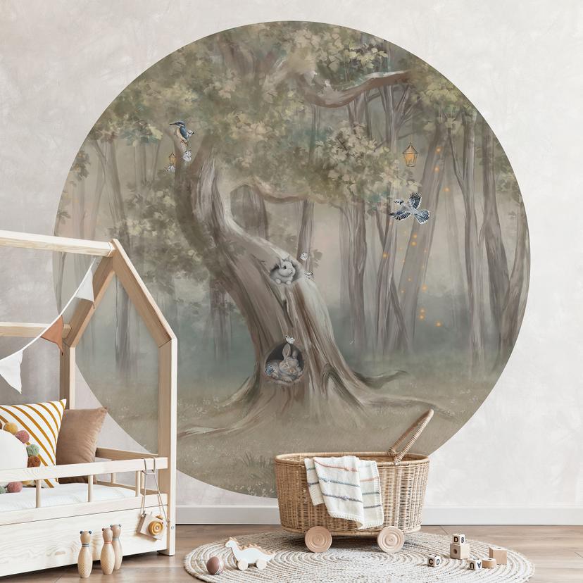 Fotobehang kinderkamer schattige bosdieren tussen bomen - Ms Tiff - rond - zelfklevend/niet-geweven