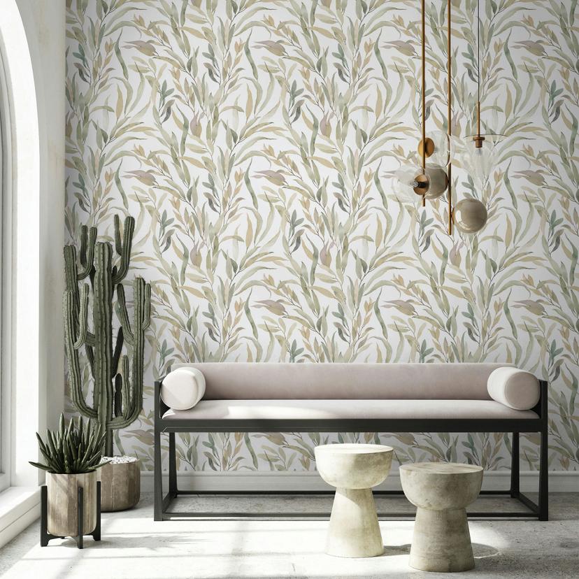 Ikke-vævet tapet blade blomster natur mat i hvid grå beige