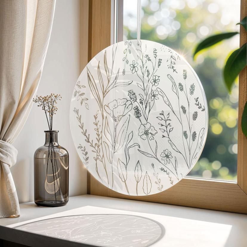 Akrylbillede, vinduesbillede til at hænge vilde blomster i line art-stil - rund