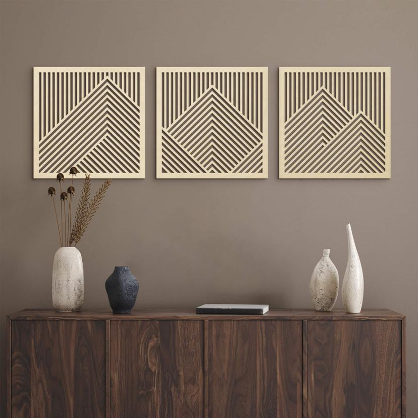 decoración mural 3D paisaje de montaña paneles murales motivo madera geométrico (3 piezas) - madera