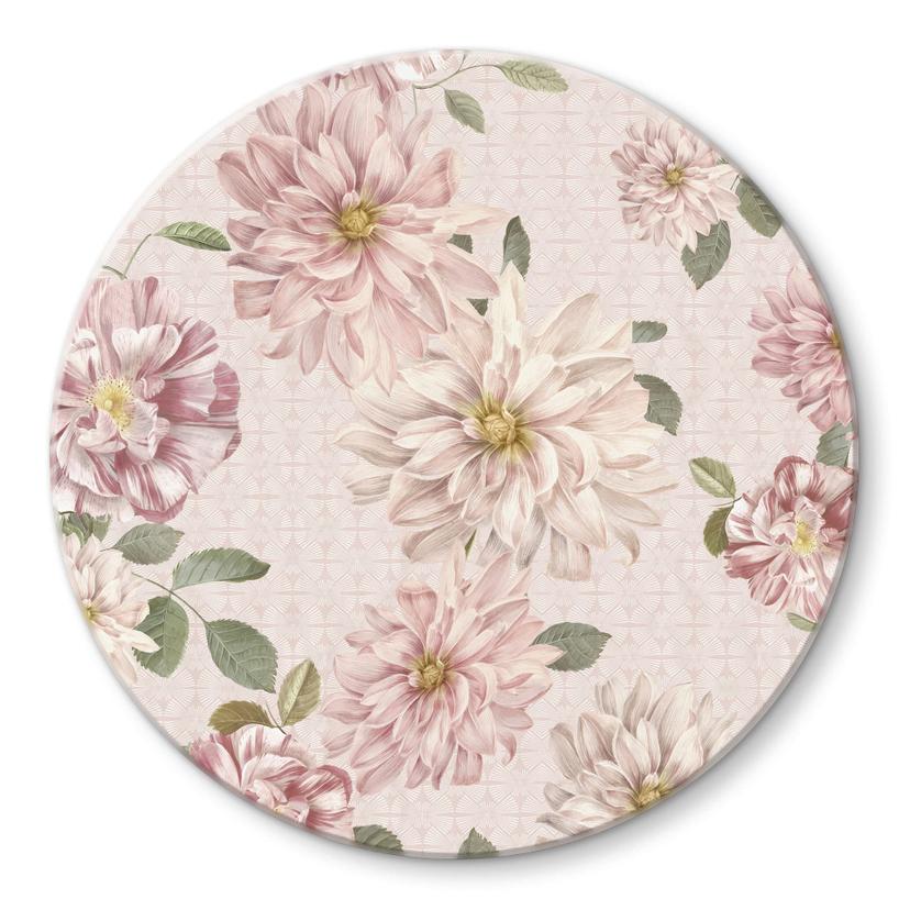Glasbillede - Dahliaer Shabby Chic Pink - Bloomery Decor - Round