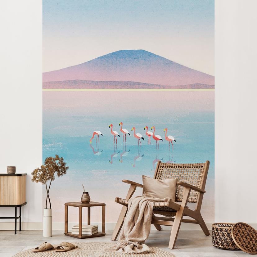 Fototapete Pastellfarbener See mit Flamingos - Rivers