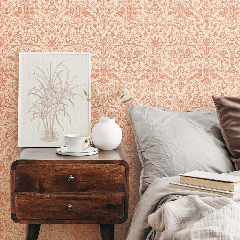 Ikke-vævet tapet fugle, blomster blomster natur i beige