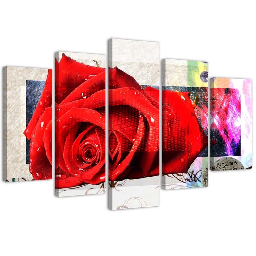 5 stykke lærredstryk Rød Rose Blomster Natur