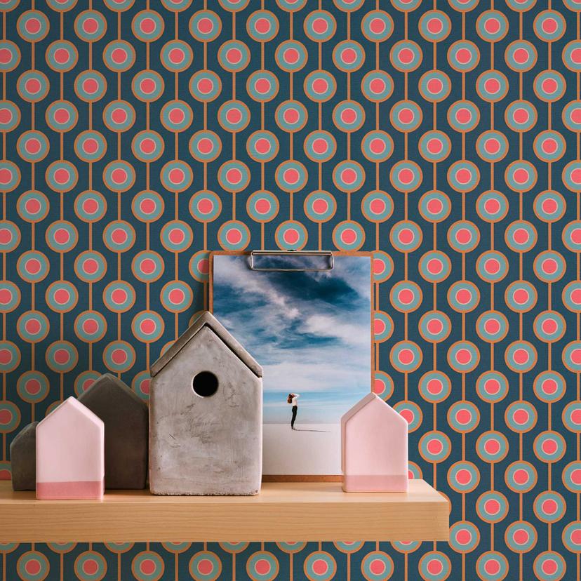 Papier peint rétro bleu jaune - papier peint intissé à pois avec motif graphique - vinyle expansé