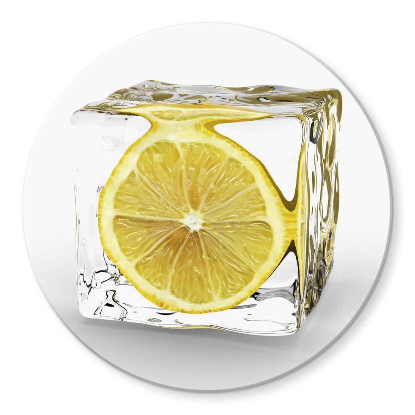 Tableau en verre - Tableau sur verre rond - Glaçon au Citron