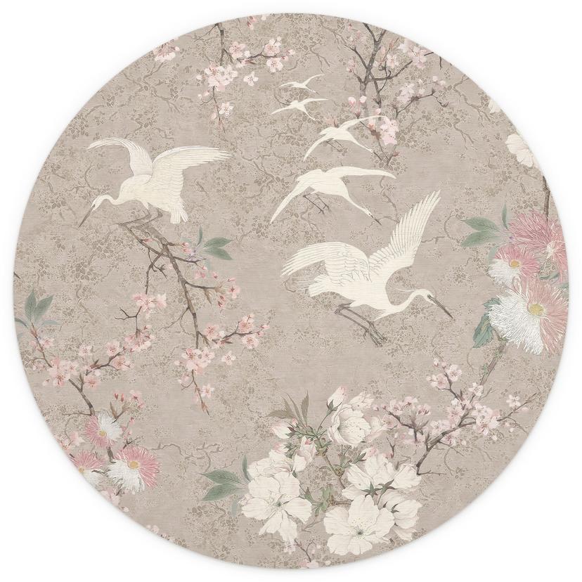 Tranor i körsbärsblom Rush Beige | Fototapet Chinoiserie - Bloomery Decor - rund - självhäftande / o