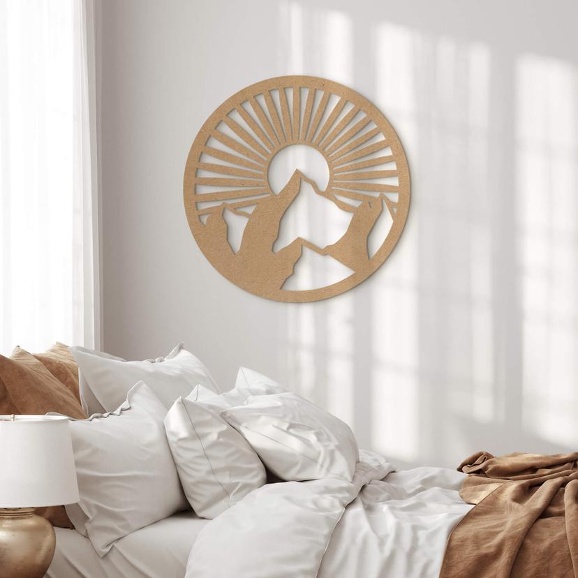 Decoración en madera paisaje de montaña en la puesta de sol - MDF naturaleza redonda