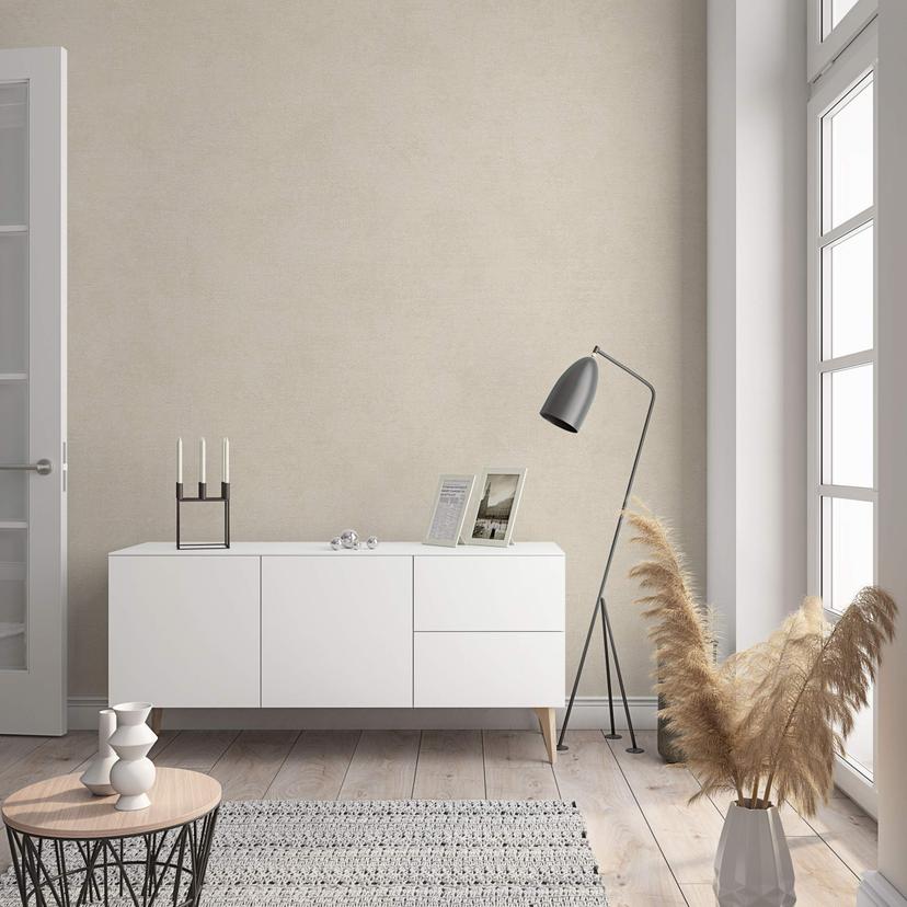 Non-woven tapet med moderne ensfarvet look og tekstur i beige ensfarvet