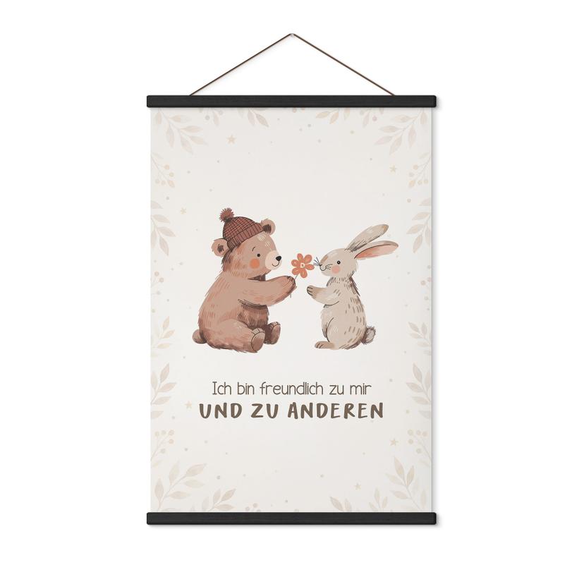 Stoffbild mit Bär und Hase - Kraftsatz 'Ich bin freundlich' für Kinder