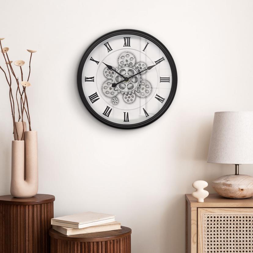 Große Steampunk Wanduhr mit rotierenden Zahnrädern, Schwarz/Weiß | geräuschlos | Ø40 cm