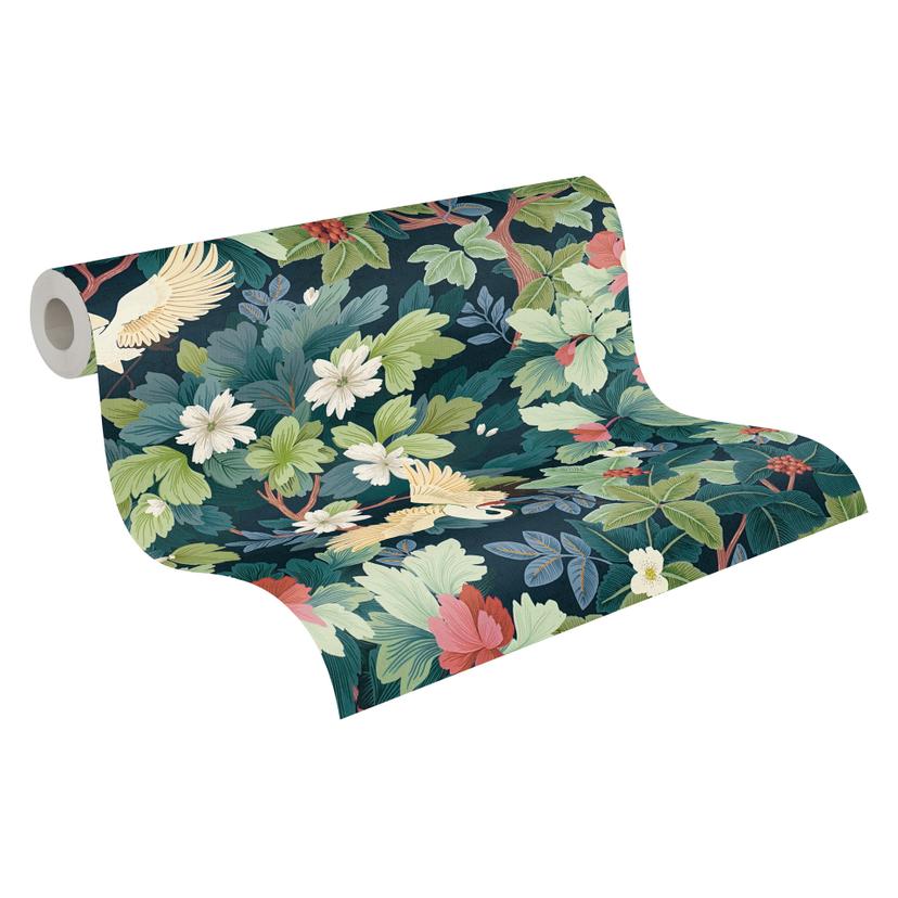 Papel pintado exótico grullas azul oscuro verde - Papel pintado no tejido con ilustración floral