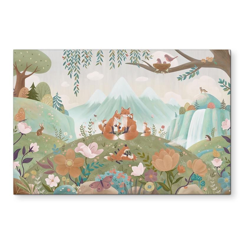 Wanddecoratie Vossenfamilie op de Bloemenweide - Oliver Robins - Alu-Dibond