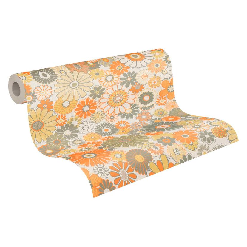 Papel pintado floral vintage naranja verde - papel pintado no tejido floral en estilo retro - papel