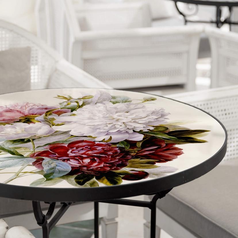 Plateau de table en verre - Redouté - Bouquet de fleurs rouges