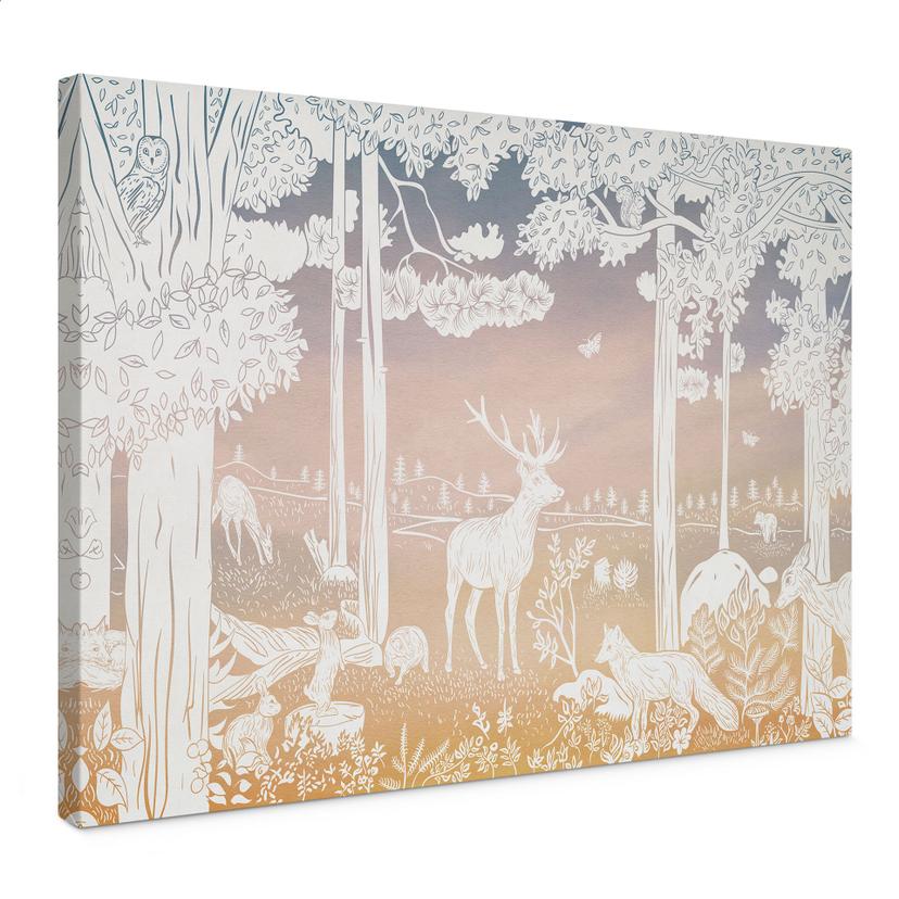 Tableau sur toile Forêt paisible avec cerfs et renards - Ombre - Kikki Belle