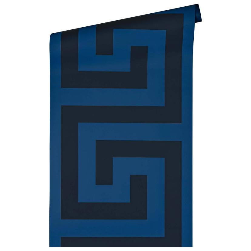 Carta da parati design Versace in tessuto non tessuto blu e nero con motivo geometrico a meandro