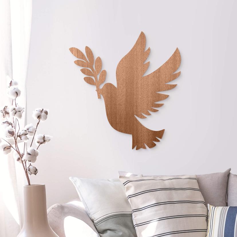 Decoración en madera pájaro - paloma de la paz - madera de caoba
