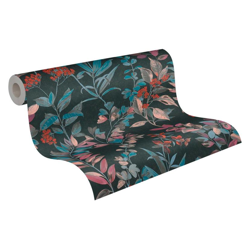 Papel pintado floral con flores negro colorido - papel pintado no tejido floral en estilo acuarela