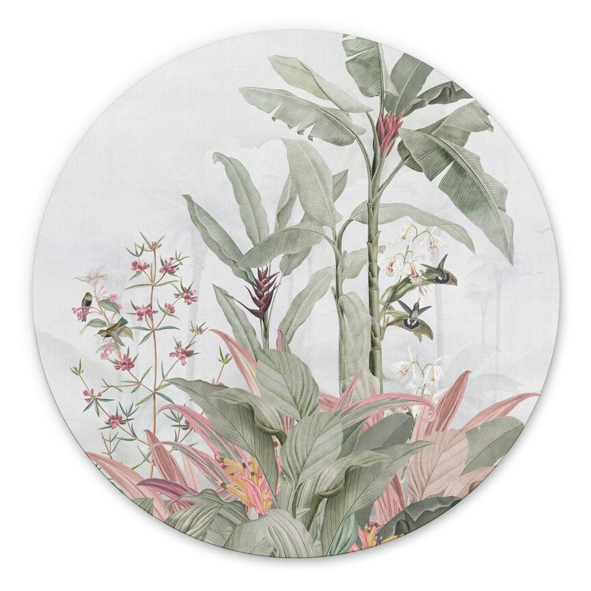 Billede Tropisk idyl med kolibri blå - Bloomery Decor - rund – print på aluminium (Alu-Dibond)