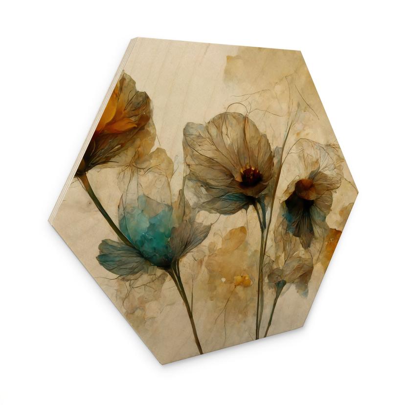 Hexagon Holzbild Trockenblumen Mohn im Vintage-Look - Treechild