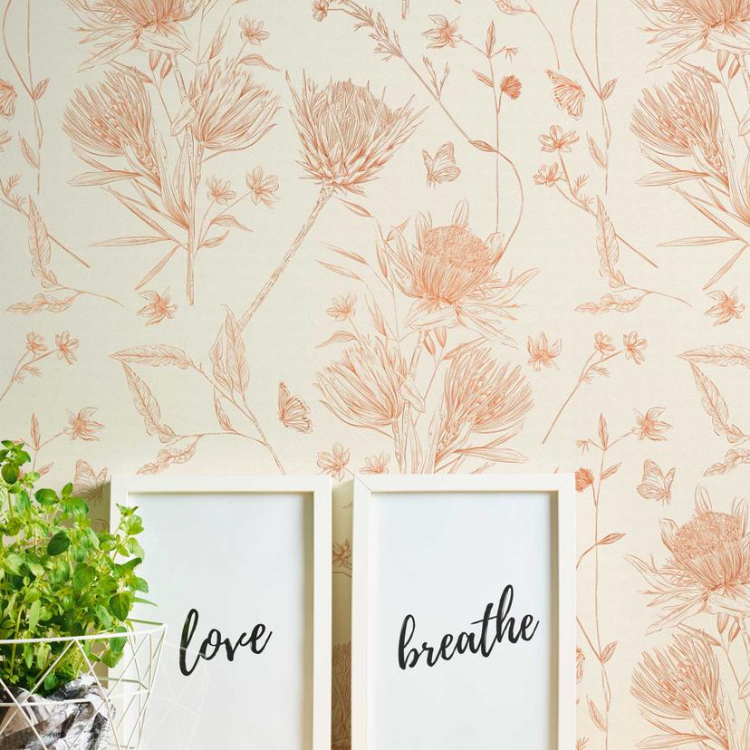 tapet med tegnede blomster hvid beige - non-woven tapet blomstret med blomster