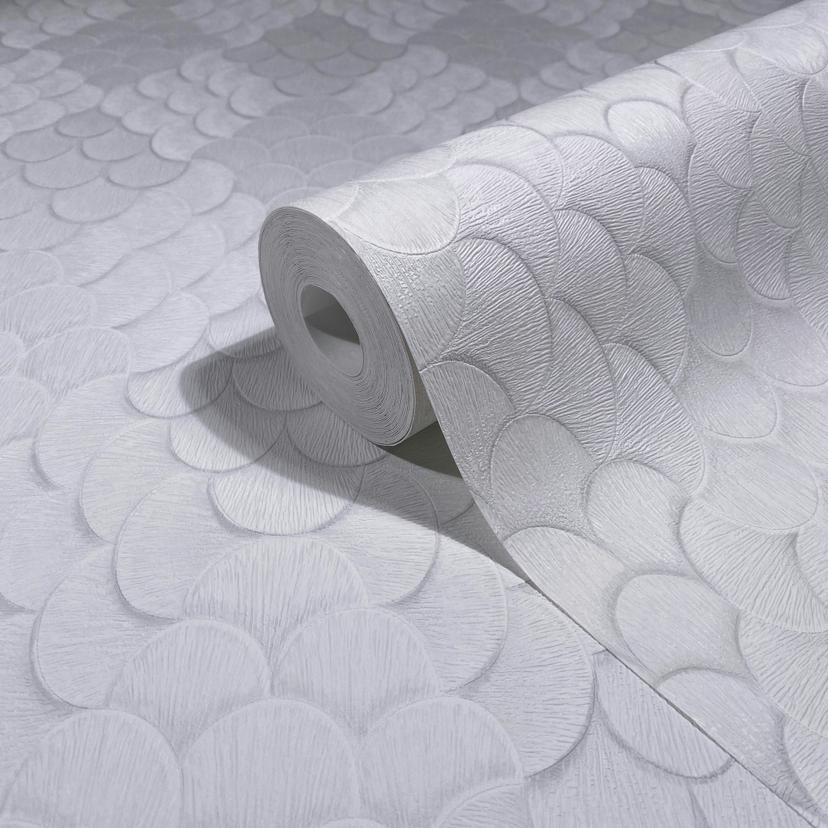 Papel pintado no tejido flores, aspecto 3D geométrico mate en blanco