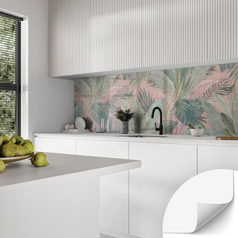 Selvklæbende stænkplade til køkken tropiske blade i junglen pink - Bloomery Decor