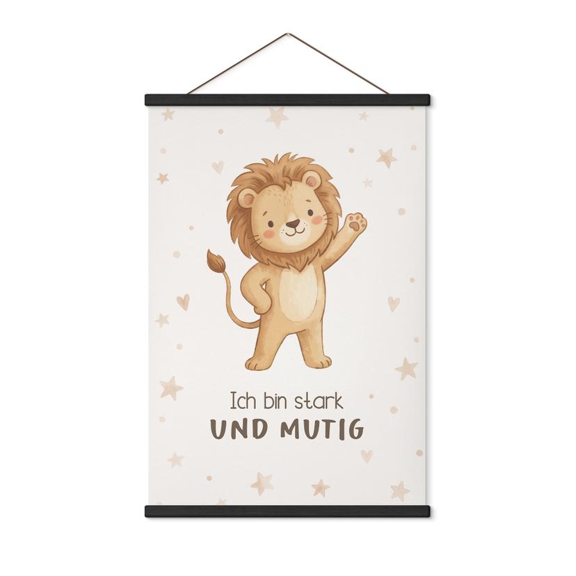 Stoffbild mit Löwe - Glaubenssatz 'Ich bin stark und mutig' für Kinder