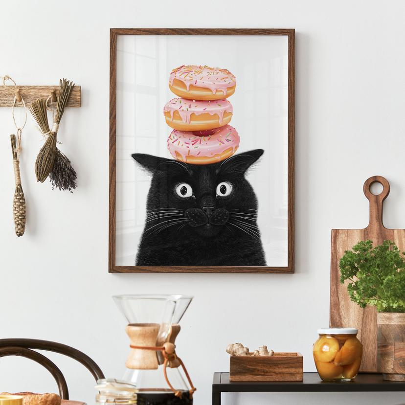 Poster Zwarte Kat met roze Donuts - Korenkova