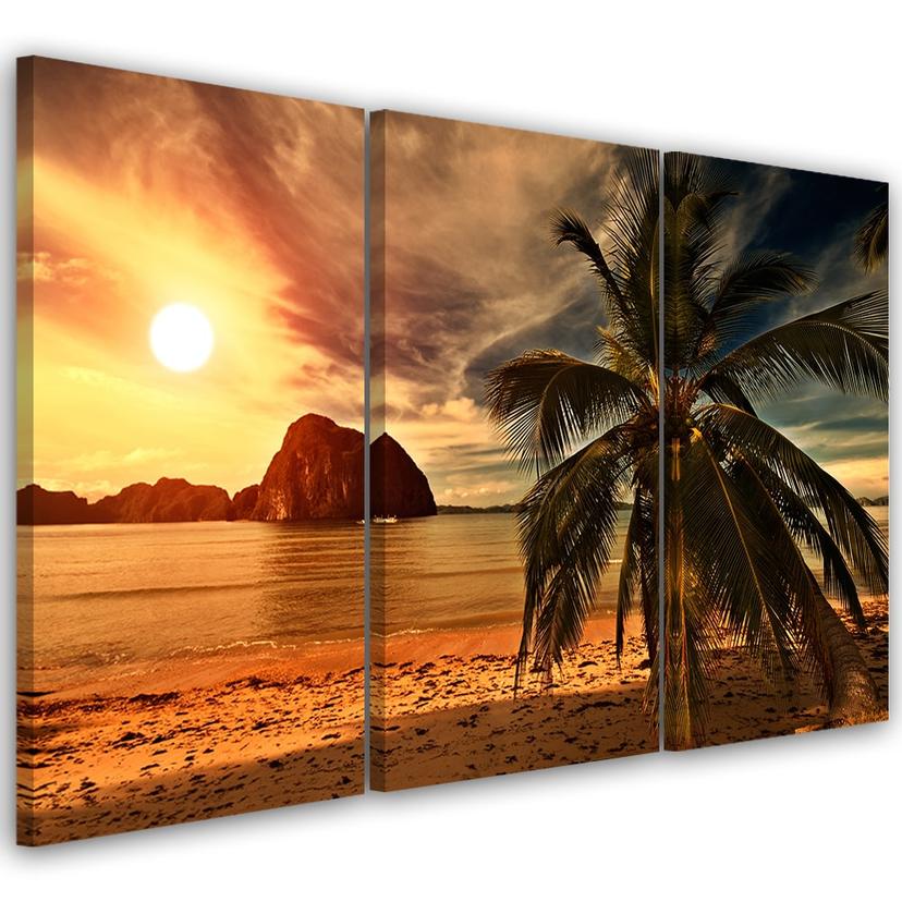 Impression sur toile en 3 parties, palmiers au coucher du soleil sur la mer