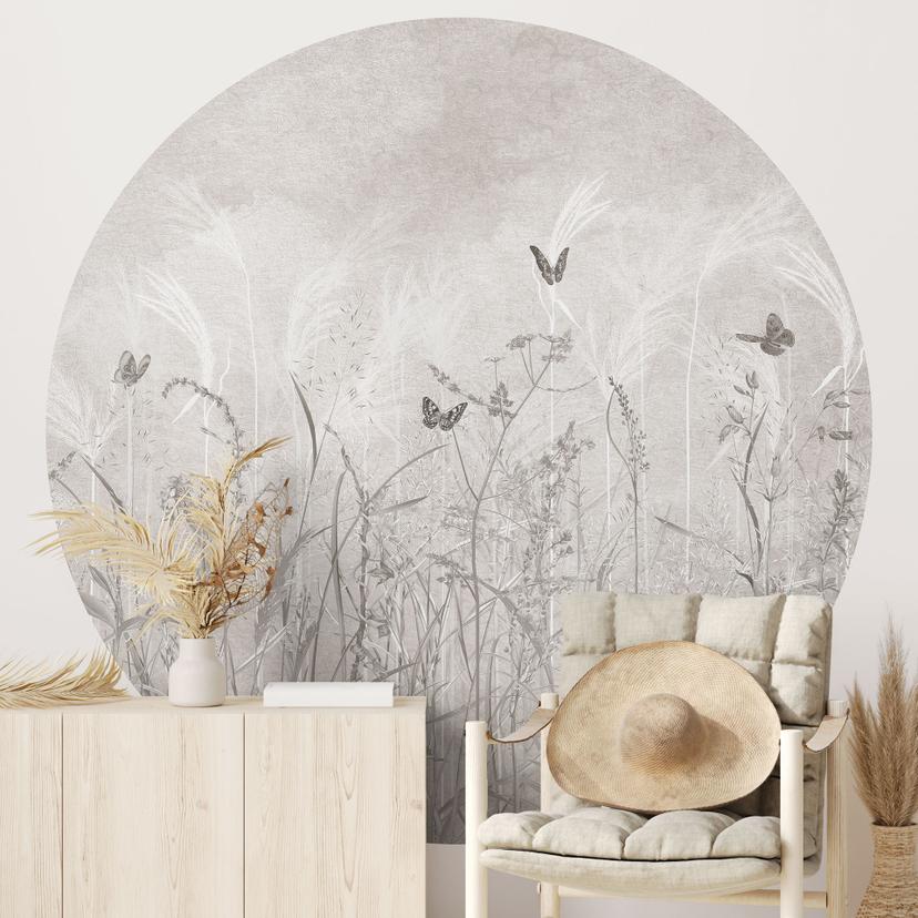 Fotobehang wilde bloemenweide met vlinders in Scandinavisch design - Ms Tiff - rond - zelfklevend/ni