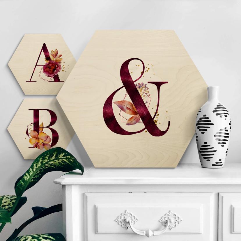 Hexagone - Placage bois de bouleau Lettres Alphabet fleuri bordeaux
