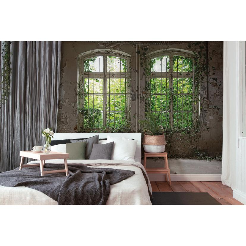 fototapet designwalls i grøn og grå non-woven tapet gammelt vindue beton look natur
