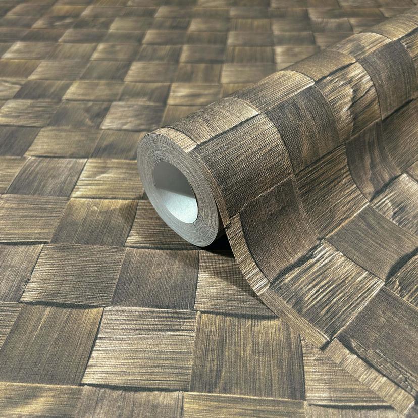 non-woven tapet i 3D vævet look træ brun 3D look