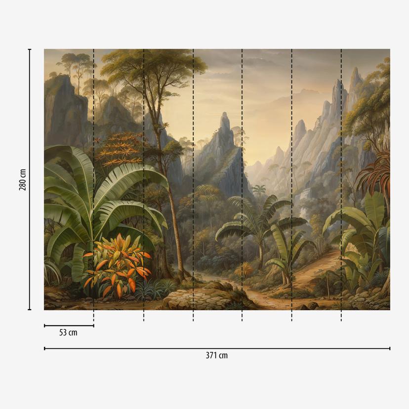 Giungla montagne palme beige verde 371x280 cm Carta da parati in tessuto non tessuto